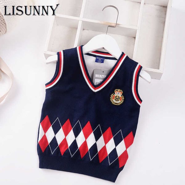 

2-7y plaid sweater tand for boy kids spring autumn sweater 2021 v neck knit coat fall preppy british style vest knitwear clothes y1024, Blue