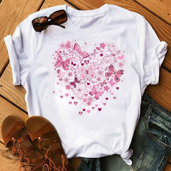

fashion and women heart mens butterflies print ladies casual white short sleeve love graphic, White;black