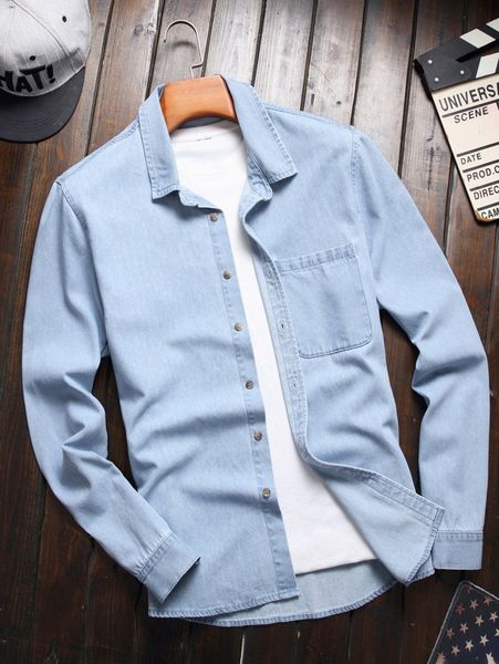 

men pocket patched denim shirt without tee w5p4#, Blue