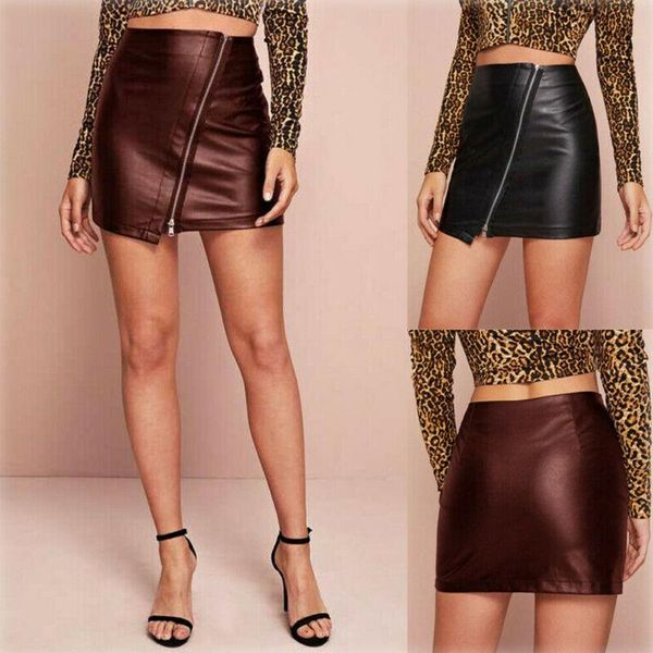 

skirts women pu leather mini skirt high waist zipper front short tight office lady slim pencil female, Black