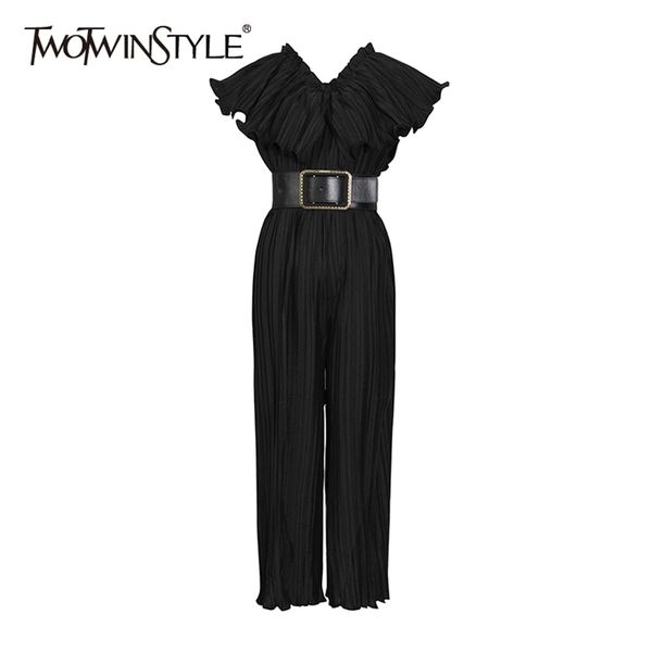 

black jumpsuits for women v neck short sleeve high waist sashes ruched loose straight full length pant female 210521, Black;white
