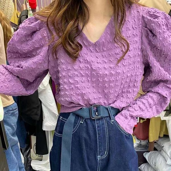 

women's blouses & shirts 2021 autumn chic women vintage elegant ruched v neck puff sleeve blusas mujer sweet office lady female, White