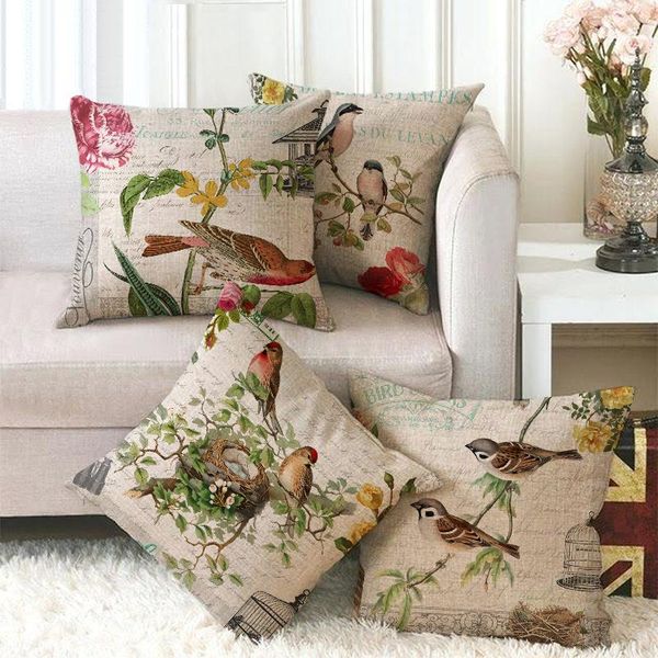 

one side print bird cushion cover linen throw pillow cases for home sofa seat cute vintage decoration 45x45cm customs made cushion/decorativ