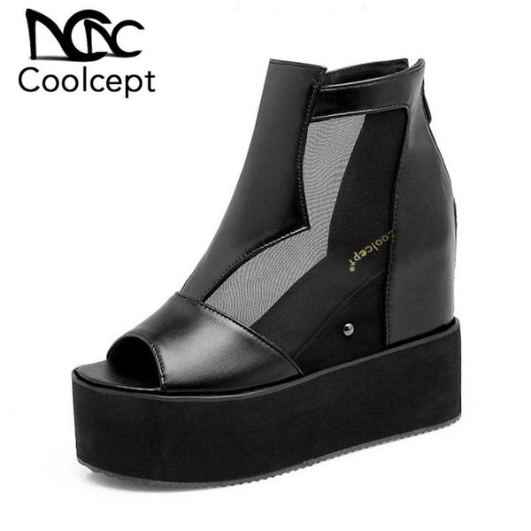 

coolcept size 32-43 high wedges sandals women platform height increasing heels shoes breathable summer daily footwear, Black