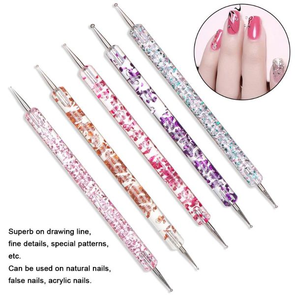 

nail art equipment 5pcs/set uv gel painting dotting pen acrylic handle rhinestone crystal 2 way brush salon decoration manicure tools kit, Silver