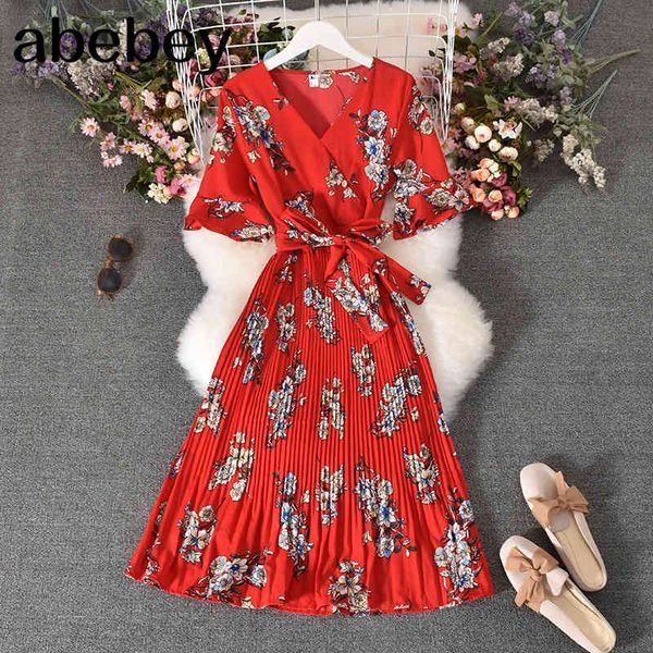 

spring summer women pleated short sleeve dress small fresh style slim bow sashes v-neck printed chiffon floral 210512, Black;gray