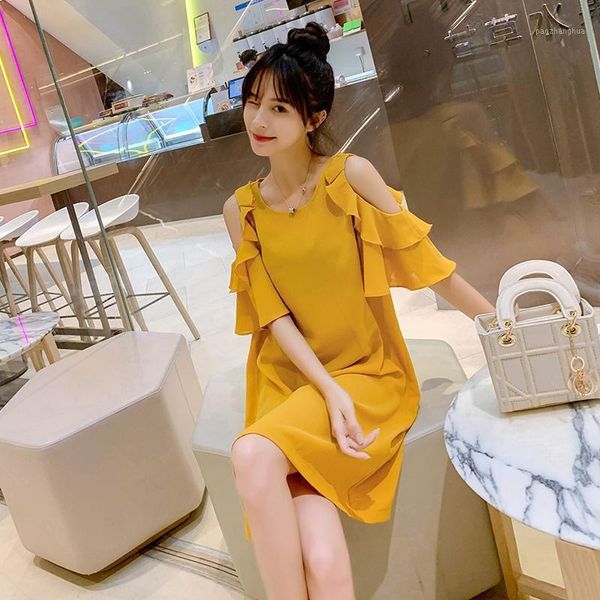 

1802# maternity clothes summer short sleeves hollow shoulder plain color stylish dress pregnant women pregnancy dresses1, White