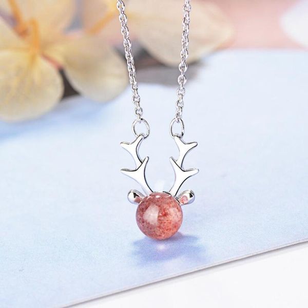 

antler fresh strawberry crystal cute animal 925 sterling silver clavicle chain literary temperament female necklace sne370 chokers, Golden;silver
