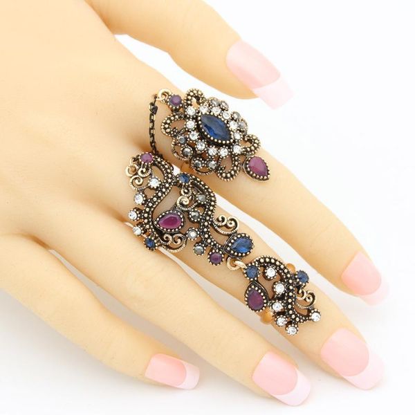 

wedding rings vintage unique morocco blue flower double finger for women jewelry adjustable size antique gold color stage ring, Slivery;golden