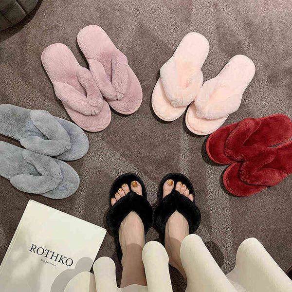 

hairy slippers women's autumn and winter new home interior non-slip home tide outside wear flip-flops shoes for women y220214, Black