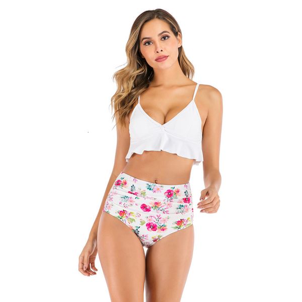 

printed 2021 high waist pleated lotus leaf bikini swimsuit, White;black