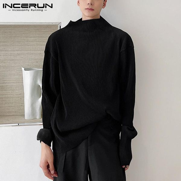 

men's t-shirts men stylish pleated camiseta solid color loose comeforable tees male long-sleeved bottoming s-5xl incerun 2021, White;black