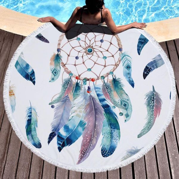 

towel large round dream catcher feather printed beach diameter 150cm microfiber with tassel fringe yoga mat for adult