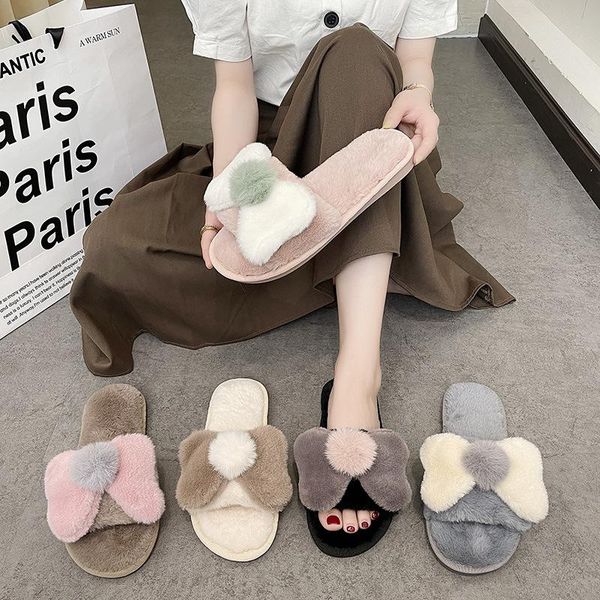 

slippers women winter soft bow open toe lady home cotton shoes female lovely comfortable non-slip indoors flats women's, Black