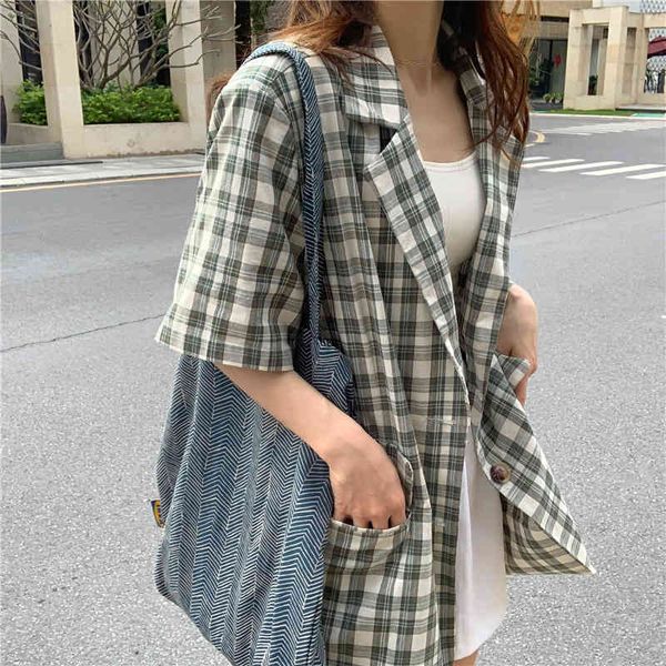 

vintage plaid coats office lady streetwear arrival all match femme ol loose jackets casual retro blazers 210421, White;black