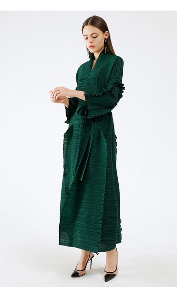 

dress miyake fold style cross v-neck ruffle sleeve lacing long, Black;gray