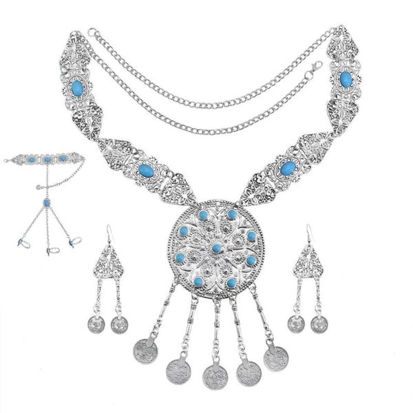 

earrings & necklace retro alloy gypsy jewelry sets for women bohemian vintage green red stone bracelet outdoor dancing party, Silver
