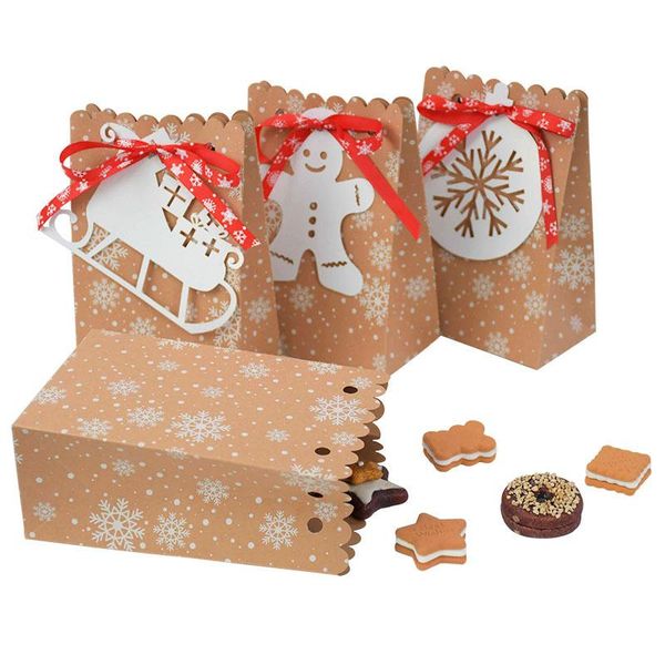 

christmas decorations 12pcs/set kraft paper bag with tag ribbon snowflake pattern candy cookie year gifts packaging supply