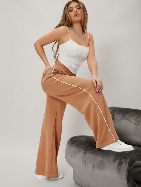 

pearls beaded side wide leg pants w0ew#, Black;white