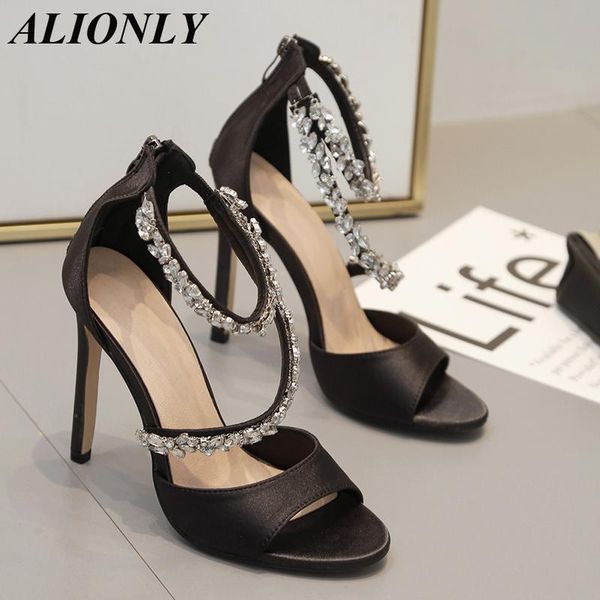 

sandals alionly fashion high heel for women 2021 summer rhinestone crystal ladies shoes zipper design party open-toed sanda, Black