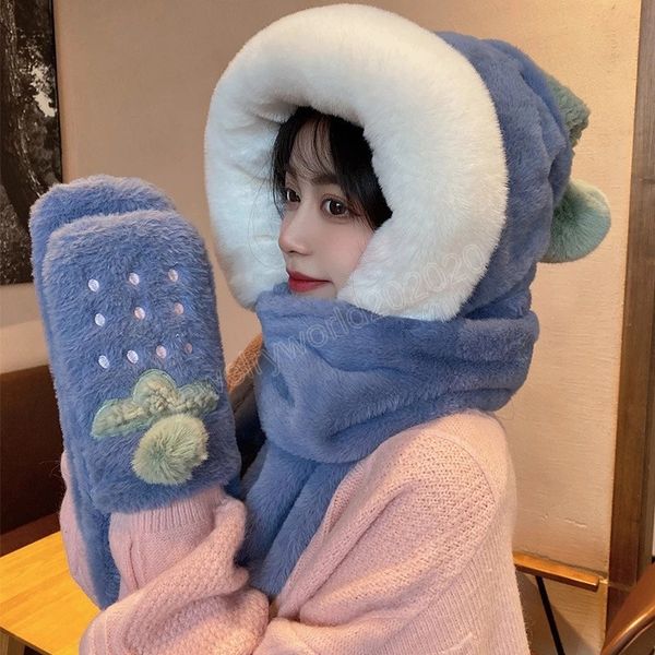 

thick hat gloves scarf 3pcs set for women solid cute cashmere fashon winter casual foulard bufanda plush warm fleece echarpe, Blue;gray