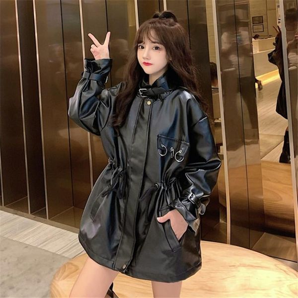

women's jackets leather jacket autumn and winter korean style black street pocket personality hoop pu waist locomotive coat, Black;brown