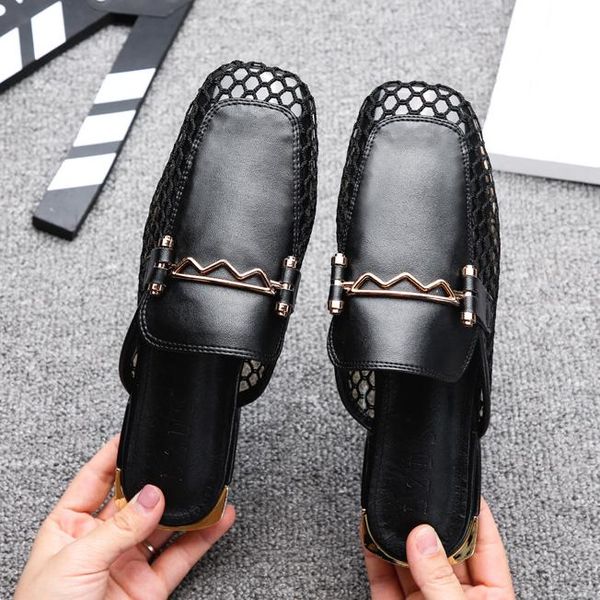

mules shoes woman metal decoration slippers hollow out breathable square toe slides leather stitching flip flops femme, Black