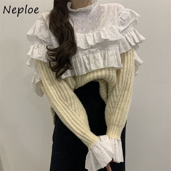 Vintage Court Court Lace Gancho Flower Sweater Stand Colarinho Manga Longa Drapeado Feminino Feminino Falso Dois Peça Moda Sueter 210422