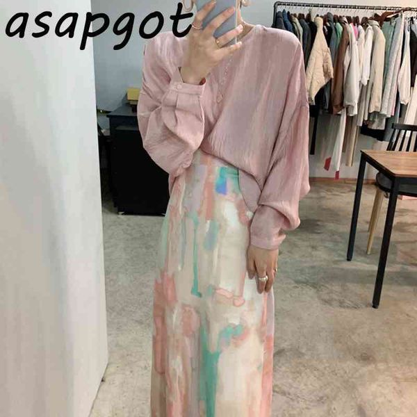 

gentle o neck thin pleated puff long sleeve blouse autumn slim high waist color graffiti skirt fashion retro office lady 210407, White