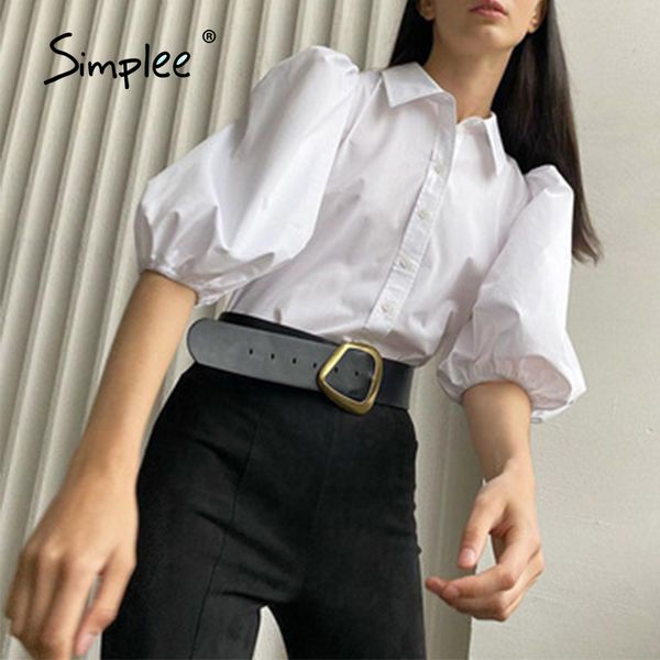 

vintage chic lantern elbow sleeve women shirts spring elegant lapel office lady white shirt female high street 210414