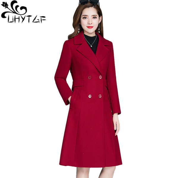 

women's wool & blends uhytgf genuine winter coat fashion double breasted elegant womens jacket mid-length lapel slim plus size outerwea, Black