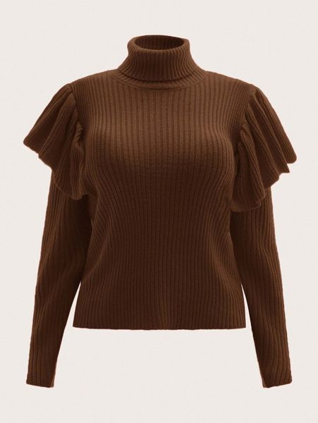 

plus turtle neck ruffle trim drop shoulder sweater a5cx#, Black
