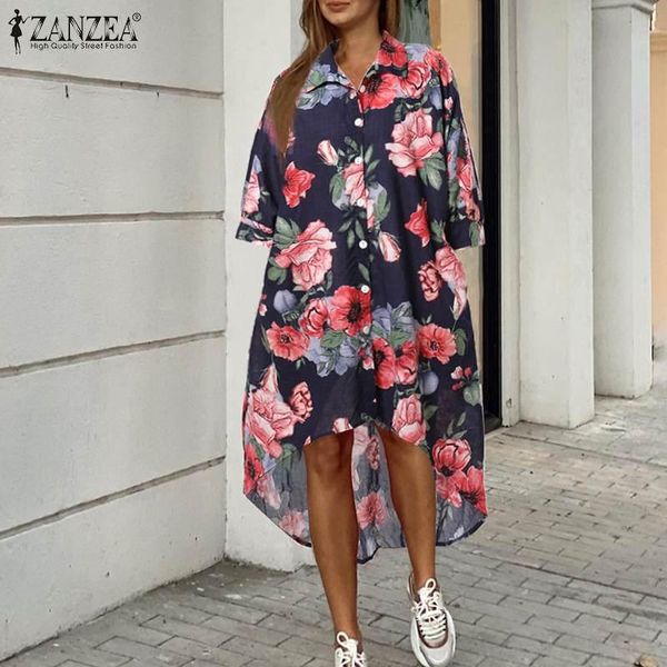 

women's shirt dresses zanzea 2021 autumn floral print knee length vestidos casual long sleeve sundress holiday robe oversize 5xl, Black;gray