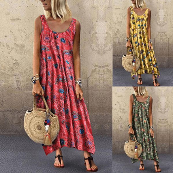 

sundress summer floral printing womens dresses boho plus size casual loose sleeveless tank long maxi robe longue, Black;gray