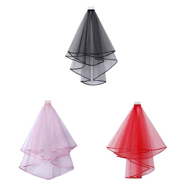 

bridal veils double layer mesh tulle solid color women short wedding veil with comb ribbon edge center cascade bride party headpiece, Black