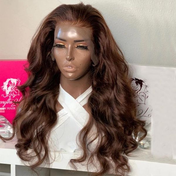 

lace wigs chocolate brown body wave front human hair preplucked 360 frontal silk base wig for women peruvian remy 200%, Black;brown