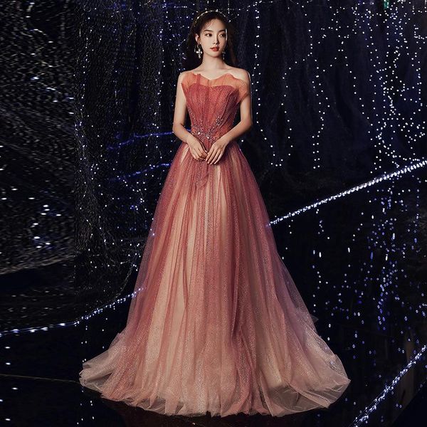 

ethnic clothing trailing gradients qipao strapless mesh sleeveless cheongsams bandage evening party vestidos sparkly stylish sequins dresses, Red