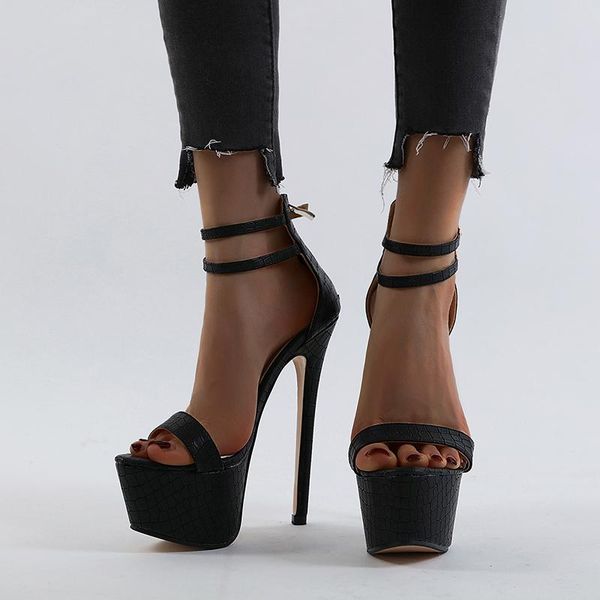 

sandals 2021 rubber bottom pu bag with double buckle ladies thin heel waterproof snakeskin pattern high, Black