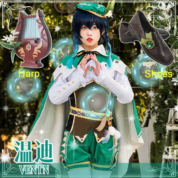 Anime Cosplay Genshin Impact Venti Game Suit Bella Uniforme Arpa Parrucca Costume Cosplay Halloween Carnival Party Outfit Per Le Donne Y0903