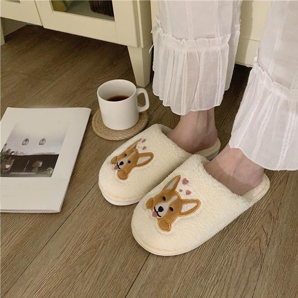 

women slippers winter cute dog home casual shoes plush warm ladies pattern fashion indoor flats woman footwear 2021, Black