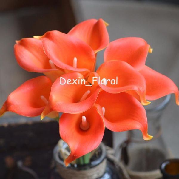 

dark orange calla lilies real touch flowers for silk wedding bouquets, artificial lily bridesmaid bouquets decorative & wreaths