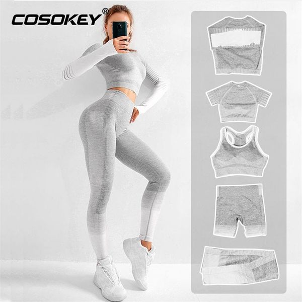 

yoga sets women gym clothes sport fitness suit workout pants seamless long sleeve crop high waist leggings sports suits 210802, Gray