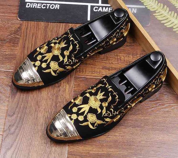 

dress shoes designer men fashion metal head embroidery flats loafer male party wedding shoes moccasins sapato social masculino 1mh2, Black