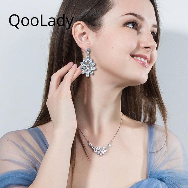 

earrings & necklace qoolady white fancy leaf cubic zirconia crystal and drop fashion women jewelry sets gift s069, Silver