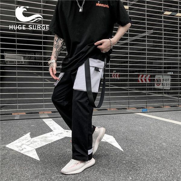 

harajuku pant joggers men hip cargo pants pockets swag ribbon sweatpant streetwear spring summer track trousers hipster men's, Black