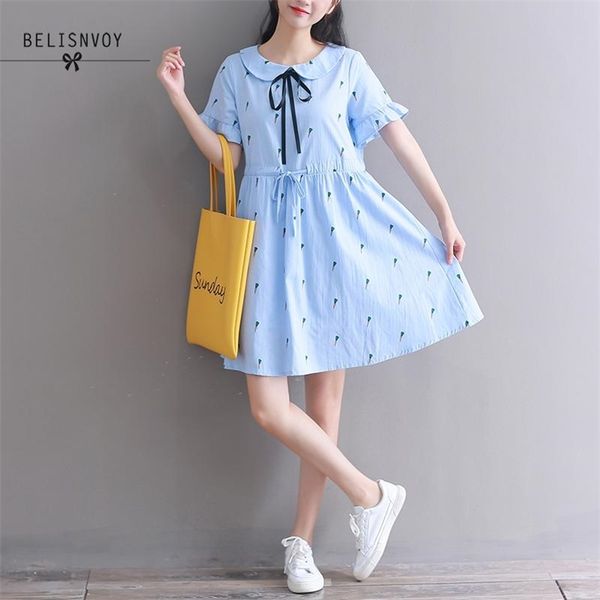 

mori girl summer women blue white sweet dresses casual loose-waisted ropa mujer short sleeve elegant vestidos 210520, Black;gray