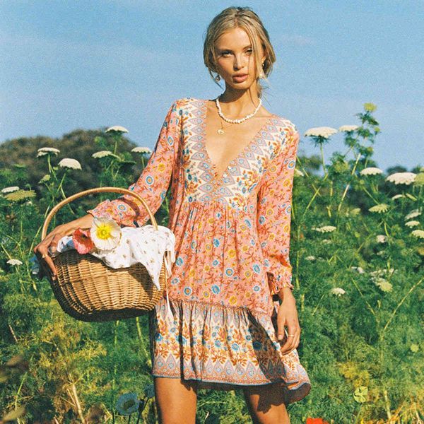 

casual dresses summer boho floral print dress v-neck long sleeve women mini holiday beach sundress ropa mujer vestidos u7ie, Black;gray