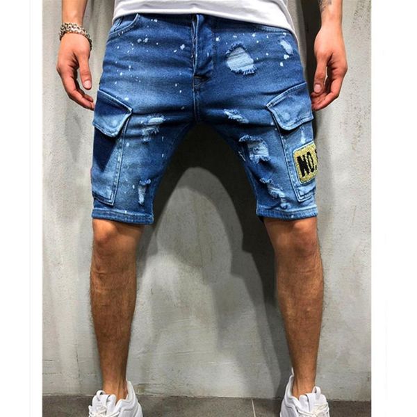 

men's jeans 2021 fashion ripped summer embroidered cartoon pocket denim shorts hip-hop jogging 5 cent paint white dot, Blue
