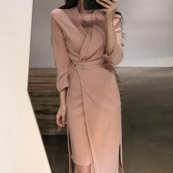 

dresses autumn women vintage office lady dress elegant slim lace up fitted waist irregular hem solid midi dresses, Black;gray
