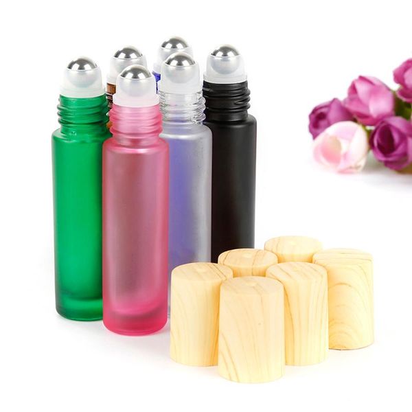 

mixed colors 10pcs/set mini 10ml wood grain cover scrub glass essential oil bottle stainless steel roller ball perfume storage bottles & jar